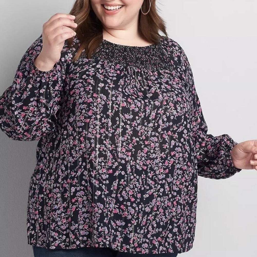 Lane Bryant New Women’s 20 Smocked Floral Print‎ Long Sleeve Sliver Striped Top